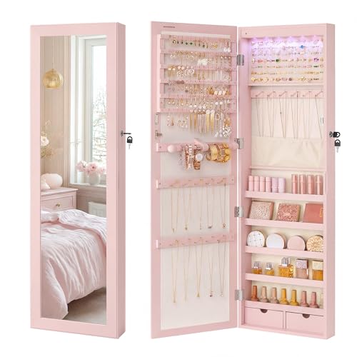SONGMICS 6 LEDs Mirror Jewelry Cabinet, 47.2-Inch Tall Lockable Wall or Door Mounted Jewelry Armoire Organizer with Mirror, 2 Drawers, 3.9 x 14.6 x 47.2 Inches, Jelly Pink UJJC093SA02S - color: Jelly Pink