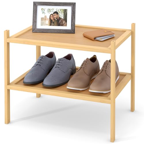Smiry Bamboo Small Shoe Rack, 2 Tier Shoe Organizer for Entryway & Closet, Stackable Free Standing Storage Shelf for Shoes, Bags & Plants, Natural - color: Natural, size: 2 Tier - Small