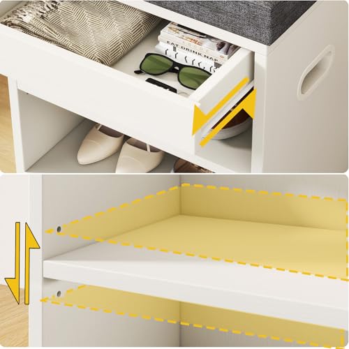 YMYNY Small Shoe Storage Bench with Cushion and Drawer, 2 Tier Adjustable Entryway Bench with Storage, Wooden Shoe Rack Bench for Entryway, Living Room, Hallway, Closet, Bedroom, White, HSC002W - color: White