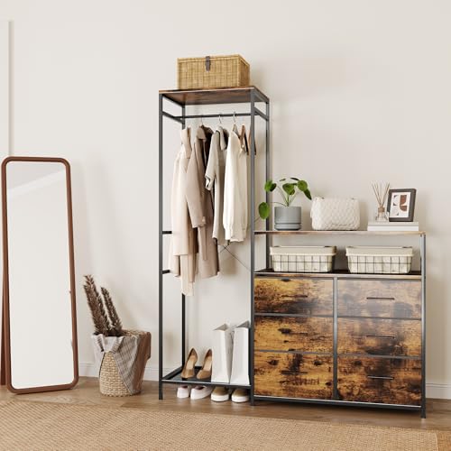 Heavy Duty Garment Rack with Fabric Drawers and LED Light, Freestanding Portable Closet Wardrobe Systems with Shelves for Bedroom, Entryway, Apartment - color: Chestnut