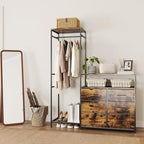 Heavy Duty Garment Rack with Fabric Drawers and LED Light, Freestanding Portable Closet Wardrobe Systems with Shelves for Bedroom, Entryway, Apartment - color: Chestnut