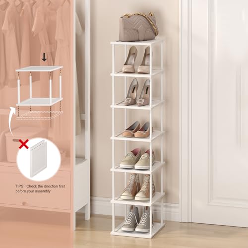 Vertical Tall Shoe Rack Organizer for Entryway -7 Tier Free Standing Slim Narrow Bamboo Wood Corner Stackable Shoe Boots Storage Stand Small Spaces for Closet Garage Cloakroom Living Room (White) - color: White, size: 7 Tier