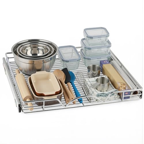 HOLDN’ STORAGE Pull Out Cabinet Organizer, Heavy Duty Caddy w/Lifetime Limited Warranty -24”W x 21”D - Requires At Least 25-1/4” Cabinet Opening, Steel Metal Cabinet Drawers Slide Out, Chrome - size: 24"W x 21"D