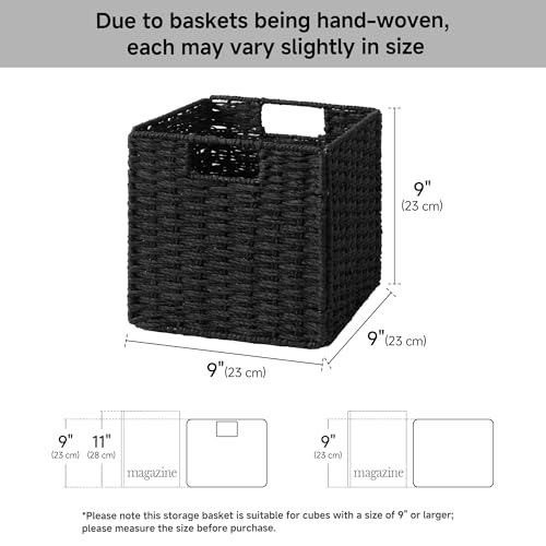 StorageWorks 9 inch Wicker Storage Cubes, Handwoven Wicker Baskets for Storage, Square Cube Basket, Foldable Paper Rope Basket for Organizing, Black, 2 Pack - color: Black, size: 9"L x 9"W x 9"H