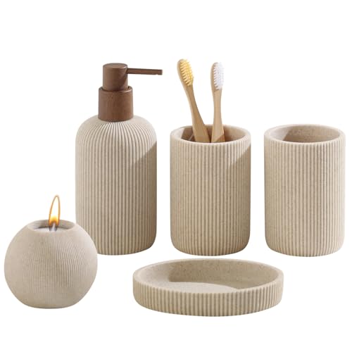 Bathroom Accessories Set, 5 PCS Sandstone Look Stripe Modern Bath Organizer with Soap Dispenser, Toothbrush Holder, Tumbler, Soap Dish, Candle Holder for Countertop Kitchen Sink (Beige) - color: Beige