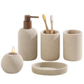 Bathroom Accessories Set, 5 PCS Sandstone Look Stripe Modern Bath Organizer with Soap Dispenser, Toothbrush Holder, Tumbler, Soap Dish, Candle Holder for Countertop Kitchen Sink (Beige) - color: Beige