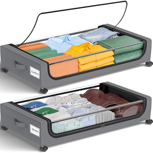GoMaihe Under Bed Storage with Wheels: 48L Underbed Storage Containers with Lids - Rolling Bins for Shoes Clothes in Dorm Bedroom - Metal Drawers Easy Pull-out Grey 2-Pack - color: Grey, size: Large(2Pack)