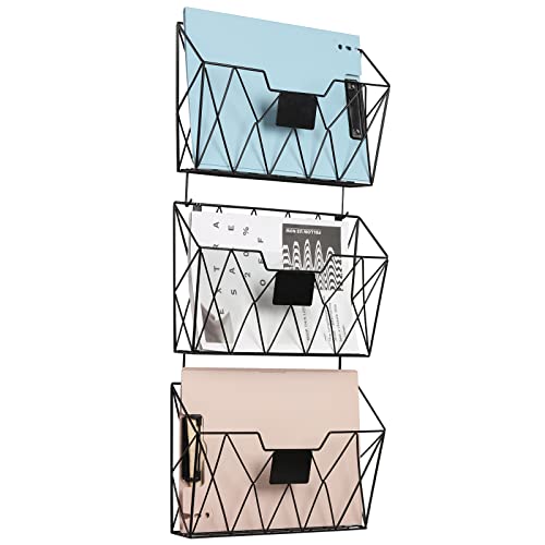YBING Wall File Organizer for Office Hanging Wall File Holder and Basket Set of 3 Hanging File Rack with Hooks Metal Wall Storage for Office Living Room Black