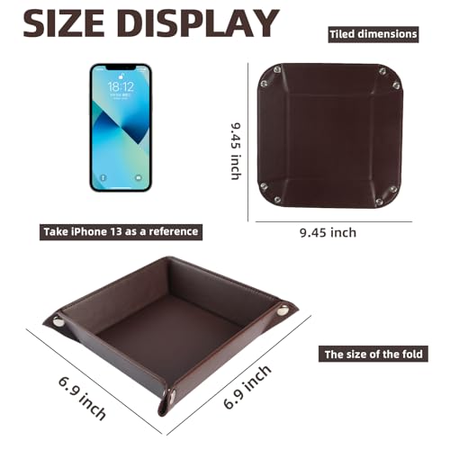Valet Tray for Men Women - PU Leather Travel Catchall Tray Organizer - Desk Bedside Nightstand Storage Box for Jewelry Key Phone Remote Controller Wallet Watch Glasses Coin Readers - Square - color: Dark Brown