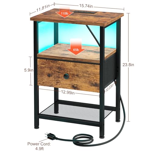 LOAKEKEL Nightstand with Charging Station, End Table with Fabric Drawer, LED Night Stand for Bedroom, Small Bed Side Table with USB Ports and Outlets, Brown, HETS01BR-1 - color: Rustic Brown, style: One-drawer