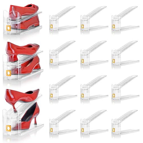 Shoe Slots Organizer for Closet, 12 Pack Shoe Stacker Organizer, Shoe Storage Space Savers 50%, 3 Levels Adjustable Shoe Racks for Closet Organization - color: Gold, size: 12 Pack