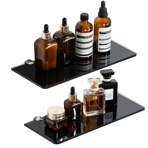 SAYAYO Glass Floating Shelves for Wall, Tempered Glass Shelves for Bathroom, Living Room, Bedroom, Office, Toilet, Kitchen Decor, 12 Inch Set of 2, Black - color: Black, size: 2 PCS