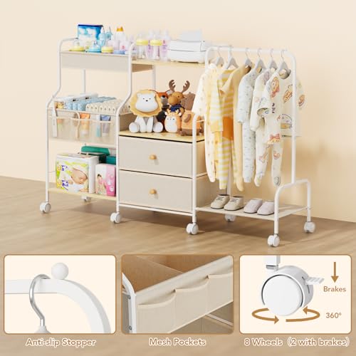 BBLIKE Diaper Caddy Organizer with Hanging Rack - 3 Tier Rolling Utility Cart with Drawers and Dividers for Baby Bottle Storage - Bedside Cart for Changing Station, Crib, Nursery, Bedroom, Beige - color: Beige