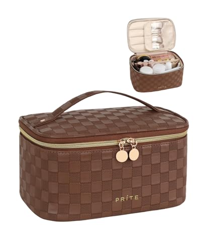 Prite Makeup Bag, Large Capacity Portable Travel Cosmetic Bag, Waterproof Makeup Organizer for Women with Handle and Divider (001 Checkered Brown) - color: 001 Checkered Brown