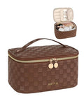 Prite Makeup Bag, Large Capacity Portable Travel Cosmetic Bag, Waterproof Makeup Organizer for Women with Handle and Divider (001 Checkered Brown) - color: 001 Checkered Brown