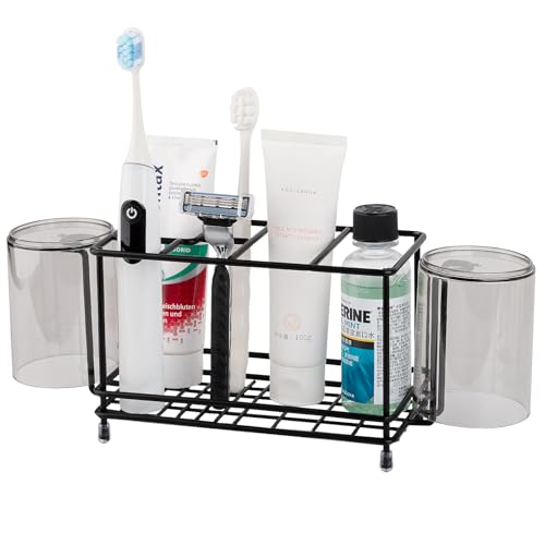 Carbon Steel Toothbrush Holders for Bathrooms, Electric Tooth Brush Holder and Toothpaste Organizer with Cup Holder Bathroom Accessories for Countertop, Shower, Sink - Black - color: Black, size: Small(with hooks)