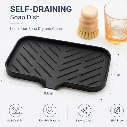 MicoYang Silicone Bathroom Soap Dishes with Drain Spout-Bathroom and Kitchen Sink Organizer,Sponge Holder,Dish Soap Tray,Perfect for Dispenser,Scrubber,Bottle,Cup on Sink or Counter-Black 9.6"×5.3" - color: Black, size: M(9.6"×5.3")