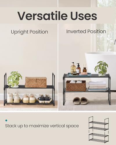 SONGMICS Shoe Rack, 2-Tier Shoe Organizer, Metal Storage Shelf, Upright or Upside Down, for 6-9 Pairs, Stackable, for Entryway, 11.8 x 26.8 x 14.6 Inches, Black ULSA202B01 - color: Black, size: 2 Tiers (26.8"W)