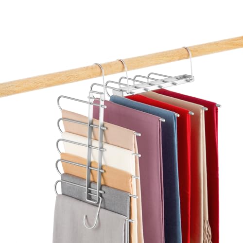 Pants Hangers Space Saving,Closet Hangers 5 Layers 2 Uses Multi Functional Pants Rack,Metal Heavy Duty Wardrobe Organizer Racks for Clothes Trousers Scarves Ties (2Pack Silver) - color: 2pack Silver