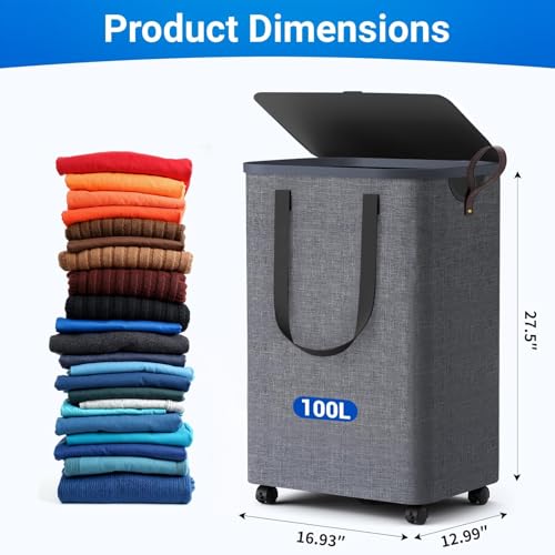 Laundry Basket with 5 Wheels, Tall Dirty Laundry Hamper, Rolling Laundry Basket with Lid, Large 100L Collapsible Clothes Hamper for Laundry Room Bedroom Bathroom Dorm, Light Gray - color: Light Gray, size: 100L