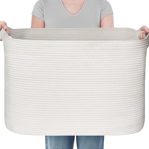 MEGASKET 108L Extra Large Storage Basket, 25" x 16" x 16" White Blanket Basket Living Room, Oversized Cotton Rope Blanket Storage, Woven Kids Dog Toy Bin Box Organizer, Laundry Shoes Towel Bin, White - color: White, size: 25"x16"x16"