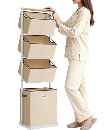 SOLEDI 4 Section Laundry Hamper Sorter, Stackable Laundry Basket Organizer with Removable Basket, 125L 4-Tier Vertical Laundry Sorter for Small Space, Laundry Room, Dorm, Bathroom, Wardrobe Beige - color: Beige
