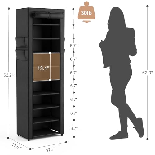 VILICK Shoe Rack with Cover Narrow Shoe Organizer with 4 Side Pockets 10 Tier Tall Shoe Storage Holds 18-22 Pairs Shoes and Boots Shoe Rack for Closet Entryway Garage - color: Black, size: 10 Tiers-17.7" Wide
