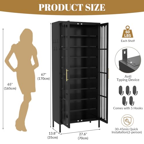 9-Tier Tall Metal Shoe Cabinet with Doors & Hooks, 67" Large Shoe Storage Organizer wth Adjustable Shelves, Shoe Rack Holds 27-36 Pairs for Entryway, Hallway, Cloakroom (Black) - color: Black