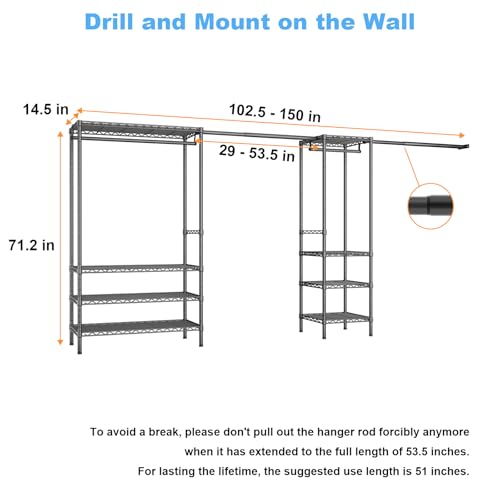 Ulif E11 Heavy-Duty Garment Rack, Metal Freestanding Clothes Rack and Closet Storage Organizer System with 8 Shelves and 4 Hanger Rods, (73.2-97.6)" W x 14.5" D x 71.2" H, Load 1034 LBS, Black - color: Black