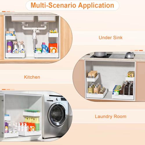 YJHome 2 Pack Expandable Under Sink Organizer, 2 Tier Pull Out Cabinet Organizer with Smooth Ball Bearing Slides, Adjustable Height Cabinet Storage Shelves for Kitchen, Bathroom, Laundry, Pantry - size: 2 Pack 9.8“-15"W