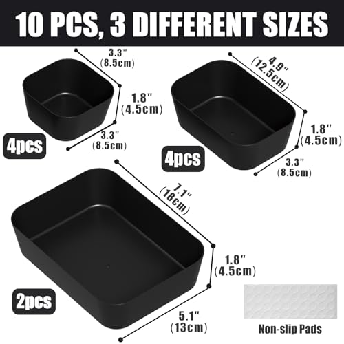 Plastic Drawer Organizers, 10 PCS Drawer Organizer Bins, Bathroom and Vanity Organizer Plastic Tray, Makeup Organizer and Storage for Makeup, Bedroom, Kitchen Gadgets Utensils and Office (Black) - color: Black, size: 10pcs