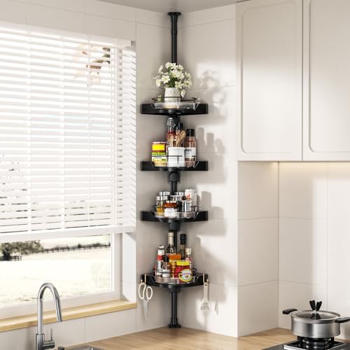 akinbas Shower Caddy Tension Pole with 4 Lazy Susan Organizer 360 Rotating 35-128 Inch No Drilling Floor Standing Shelves Adjustable Shower Rack for Bathroom Corner (Black) - color: Black, size: 4 Tier-Rotation