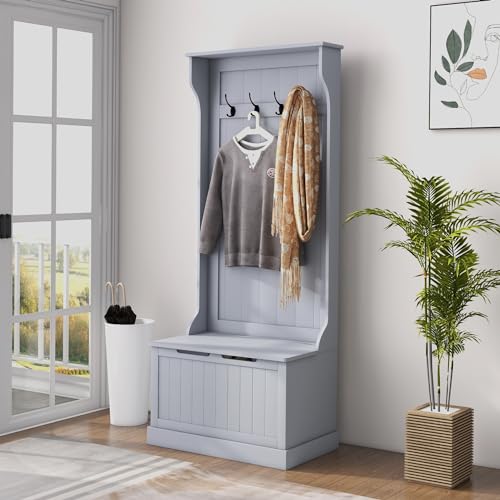 HOMCOM Hall Tree with Bench and Shoe Storage, 3-in-1 Entryway Bench with Coat Rack, 4 Hooks and Flip Top Storage Compartment, Gray - color: Grey, size: 28"