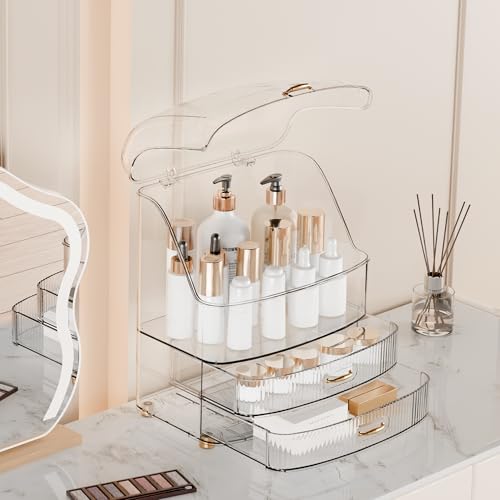Makeup Organizer Countertop Vanity with Transparent Lid Drawers Waterproof Dustproof Cosmetic Skincare Bathroom Storage Gift for Women Teens Girls (Clear Whtie) - color: Clear Whtie