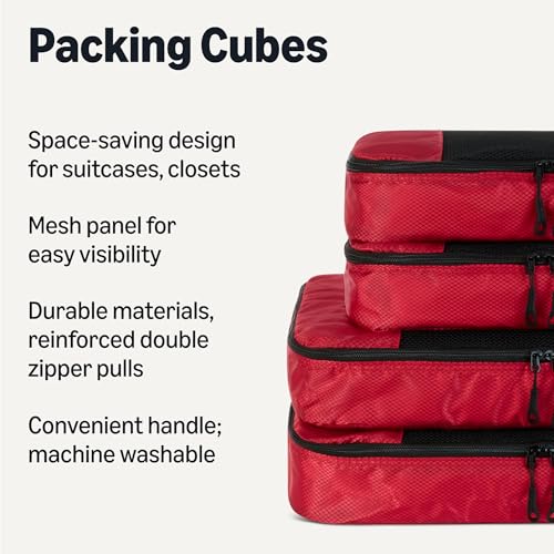 Amazon Essentials 4-Piece Packing Cubes Travel Accessories Set, Luggage Organizer with Double Zipper, Mesh Top, Space-Saving, 2 Medium/2 Large, Red (Previously Amazon Basics) - color: Red, size: 2 x Large, 2 x Medium