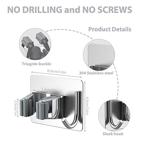 homeasy Mop Broom Holder No Drill, Mop Broom Organizer Wall Mounted Heavy Duty with Hooks Hanger, Self Adhesive Stainless Steel 4Pcs for Bathroom, Kitchen, Office (Silver) - color: Silver