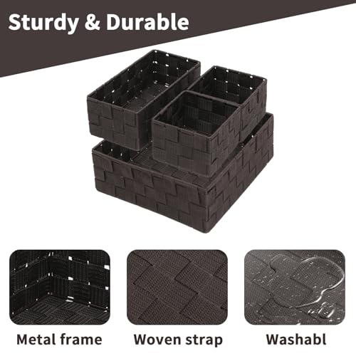 Storage Bins Woven Organizer Set of 4 – Polypropylene Storage Baskets with Metal Frame, Stackable Fabric Boxes for Drawers, Closet, Shelf, Nursery and Office, Brown - color: Brown, size: 4PCS-without lid