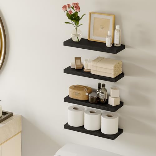 Fixwal Black Floating Shelves for Wall, Rustic Wood Shelves for Bathroom, Living Room, Bedroom and Kitchen, Wall Shelves for Storage, Books, Room Decor (Set of 4, 15.8 Inch) - color: Black