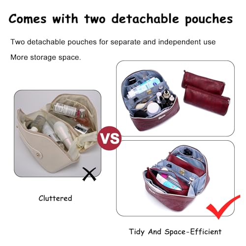 BOYATU Travel Makeup Bags Cosmetic Organizer Bag: 3-Set Large Capacity Make up Bag - PU Leather Toiletry Bags for Women - Wide Open Portable Pouch with Divider & Handle (02-Dark Red) - color: 02-Dark Red