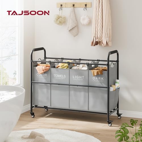 Tajsoon 4 Bag Laundry Sorter Cart, 4 Section Laundry Hamper Sorter with Heavy Duty Lockable Rolling Wheels, Laundry Separator Hamper with Removable Bags for Dirty Clothes Storage, Grey - color: Grey