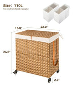 Greenstell Laundry Hamper with Wheels, No Install Needed, 110L Divided Handwoven Hampers & 2 Removable Liner Bags, Synthetic Rattan Clothes Laundry Basket with Lid & Handles, Foldable Hampers Natural - color: Natural, size: 110L: 22.0x13.5x26.4 Inches