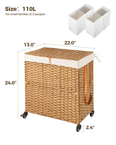 Greenstell Laundry Hamper with Wheels, No Install Needed, 110L Divided Handwoven Hampers & 2 Removable Liner Bags, Synthetic Rattan Clothes Laundry Basket with Lid & Handles, Foldable Hampers Natural - color: Natural, size: 110L: 22.0x13.5x26.4 Inches