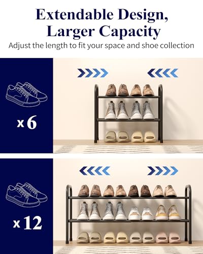 Kitsure Extendable Shoe Rack - 2-Tier Adjustable Metal Shoe Organizer, Sturdy Rust-Resistant Shoe Shelf for Entryway, Closet, or Bedroom, 17.5"–32.6" x 9.1" x 15.4", Black - color: Black, size: 2-Tiers