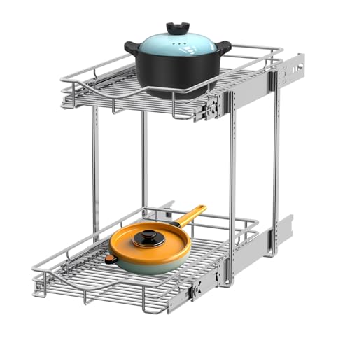 DINDON 2 Tier Pull Out Cabinet Organizer (11"W X 21"D), Double Tier Wire Basket Slide Out Shelf Storage for Kitchen Base Cabinet Organization for Kitchen, Pantry, Bathroom, Chrome - size: 11'' W X 21'' D