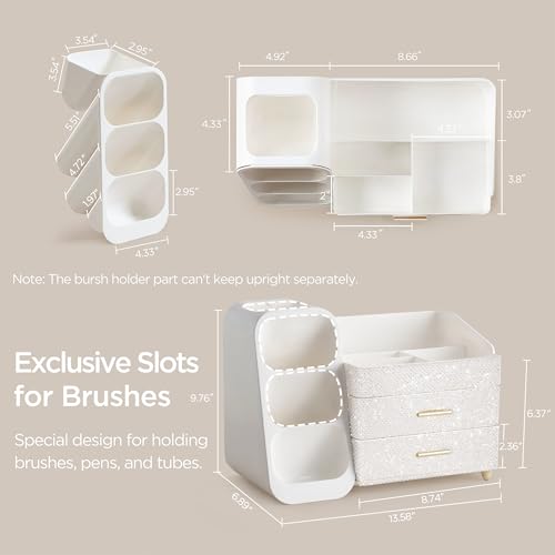 HBlife Makeup Organizer with Brush Holder for Vanity, Large Plastic Bathroom Countertop Organizer Skin Care Storage, Easy to Store Nail Polishes, Perfumes, Eyeshadow Palettes, Pearl All White - color: Pearl All White, size: Large