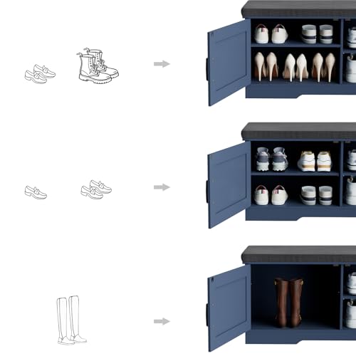 HOMSHO 2-Tier Storage Bench, 39.4" Wide Shoe Bench with Padded Seat Cushion, Entryway Bench with 2 Barn Doors and Adjustable Shelf, Blue - color: Blue, size: 39.4" Wide