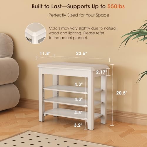 IUNVR Shoe Rack Bench Seat Rubberwood 3-Tier Wooden Storage Bench 550lbs Compact Mid-Century Modern Design for Entryway, Hallway, Closet, Front Door Entrance, Foyer - color: White-3 Tier(wood), size: 23.6"W x 11.8"D x 20.5"H