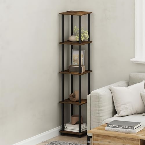Furinno Turn-N-Tube Storage Shelves, 5-Tier Square Book Shelf, Corner Shelf, Toolless Open Shelves, Round Tubes, for Organization and Storage, Living Room, Garage, Home Office, Amber Pine - color: Amber Pine/Black, size: 5-Tier Round Tube