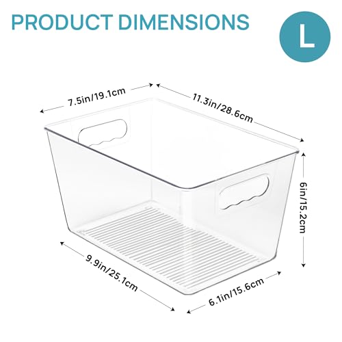 Vtopmart Clear Plastic Storage Bins, 6 PCS Pantry Organizer Bins with Handle for Refrigerator, Fridge, Cabinet, Kitchen, Countertops, Cupboard, Freezer Organization and Storage, Large - size: L(11.2”L x 7.5”W x 6”H)
