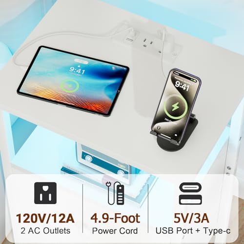 LOAKEKEL LED Night Stand with Charging Station, Small Bedside Table with USB Ports & Outlets, 2 Fabric Storage Drawers with PU Finish for Bedroom, White, HETS02WT-1 - color: White, style: Two-drawer